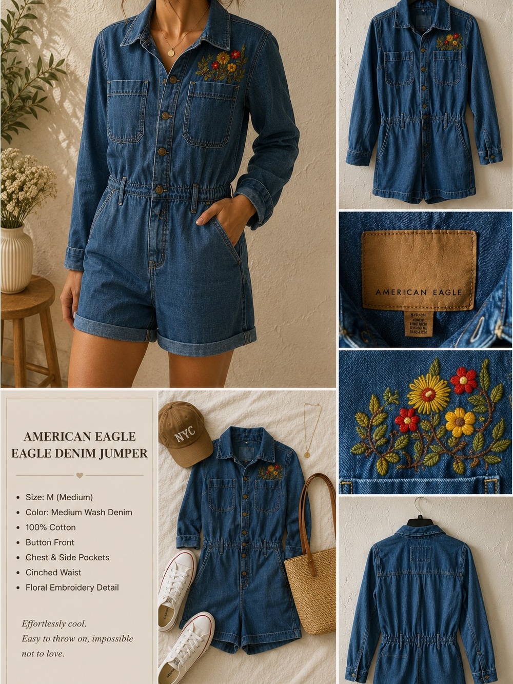 American Eagle Outfitters Blue Denim Button-Up Romper with Floral Embroidery
